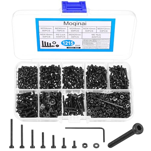 1215Pcs M2 Screw Set, Black Hex Socket Head Cap Screws and Nuts Assortment Kit, Precision Carbon Steel Machine Screws with Washers, Small Metric Screw and Nut Set for DIY & Electronics