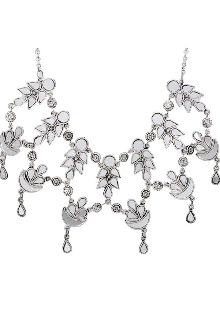 Ishaanvi Fashion Afghani Style Trending Mirror Silver Oxidised Choker Necklace Set for Women & Girls (B09QT2Q5CJ) Amazon Price History, Amazon Price Tracker