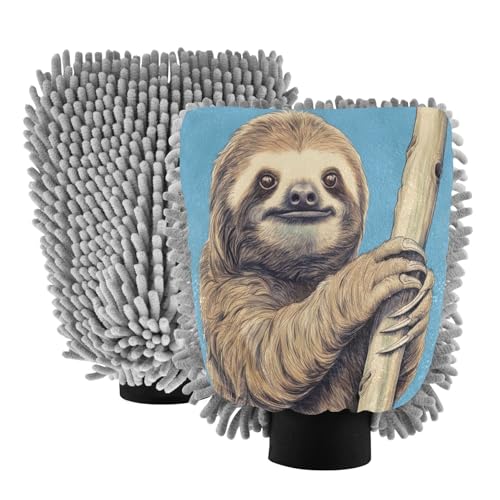 Flradish 2 Pack Sloth on The Branch Car Wash Mitt Chenille Microfiber Lint-Free Scratch Free Ultra-Soft Absorbent Car Wash Mitt 11.8x8.07 Inch