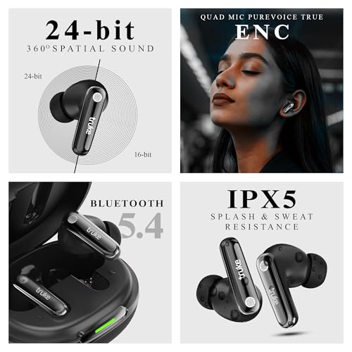 Image of truke Mega 10 True Wireless in Ear Earbuds W / 24-Bit Lossless Spatial Audio, 70H Battery Fast Charge Buds, Dual Pairing, 13mm Drivers TWS, Low Latency(40ms), Matte Finish, ENC (Jet Black)