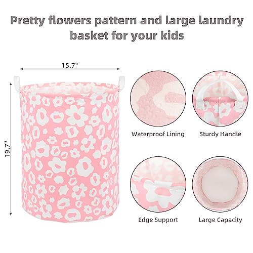 Image of Foldable Baby Laundry Basket Hamper for Nursery Girl kids Clothes laundry hamper basket Portable Tall Collapsible Cute Laundry Basket Organizer, Nursery Storage Basket with Handles (Pink Flowers)