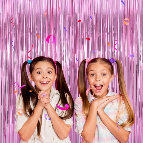 Image of Pink Party Decorations Backdrop Curtains 2Pack - 3.3x8.2FT Pink Backdrop Photo Booth Props Fringe Curtains - Hot Pink Birthday Decorations Streamers Barbie Party Decorations Princess Backdrop
