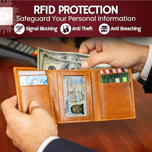 Image of BULL GUARD Trifold Wallet with RFID For Men, Genuine Real Leather - Top Grain Cowhide Tan, Durable & Compact Tri-Fold Design with Strong Stitching for Comfortable Pocket Fit, Secure Everyday Carry
