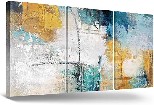 RAMEER Teal Blue Mustard Canvas Wall Art for Living Room Large Size 3 Piece Modern Abstract Painting Gray Turquoise Picture for Bedroom Office Home Wall Decorations 48 x 24