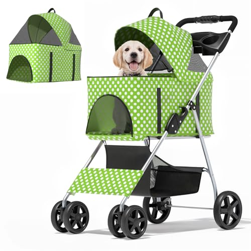 MoNiBloom 3 in 1 Foldable Pet Stroller for Small & Medium Dogs, Detachable Carrier, Car Seat, Push Button Entry, 4-Wheel Jogger for Pets up to 33 lbs, Lawn Green Polka Dots