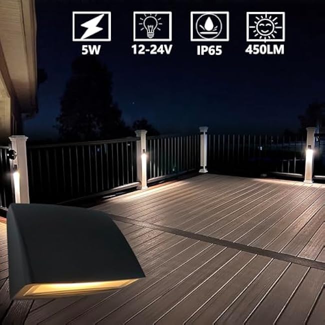 Low Voltage Landscape Lighting Deck LED Lights,Outdoor Stair Light Railing Fence Post Lights Cast Aluminum 5W 12-24V Weatherproof Black Finish 2 Packs