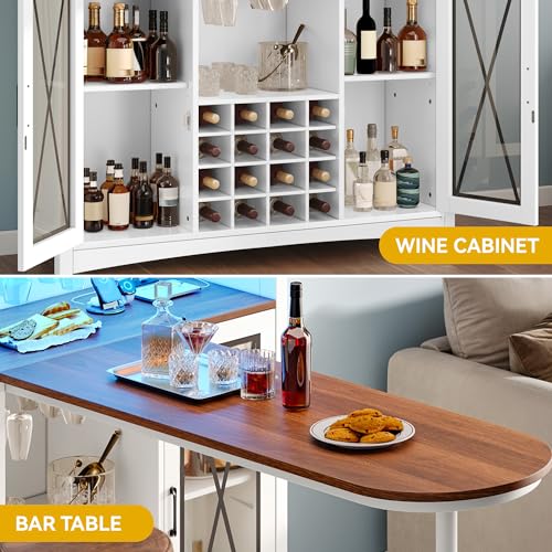 DWVO Farmhouse Wine Bar Cabinet with LED Lights, 47" Coffee Bar Station w/Bar Table, Wine Racks and Glass Holders, Clear Barn Door, Wood Kitchen Buffet Cabinet w/Storage for Living Dining Room, White