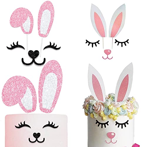 Easter Bunny Cake Toppers Decorations Glitter Bunny Ears Cake Topper With Eyelashes Nose Picks For Easter Rabbit Theme Party Decorations Spring Party Supplies #TOP6