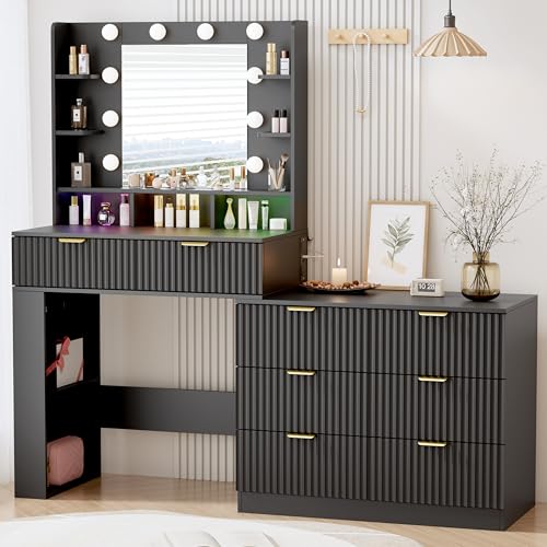 Image of Vanity Desk with Mirror and Lights, Fluted Makeup Vanity with 8 Drawers, Storage Shelves, RGB Light and Power Outlet, Bedroom Dessing Table for Women, Girls, Black,56.7 inch