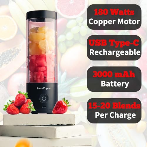 Image of InstaCuppa Ultra Slim Portable Blender Bottle - 180W Power, 3000mAh Battery, USB Type-C Rechargeable, 6 Stainless Steel Blades, 480ml Capacity with Markings, Magnetic Lock Safety (Upgraded Edition)