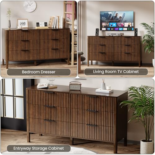 Image of 55 Inch Wide Fluted 6 Drawer Dresser for Bedroom, Wooden Dresser Modern Chest of Drawers TV Stand Dressers with Organizer Storage for Bedroom, Living Room, Entryway, Walnut