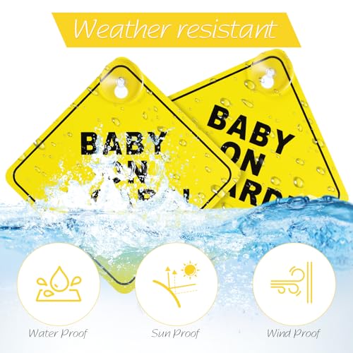 Image of COMNICO Baby on Board Signs for Car, 2 Pcs 5 inchx5 inch Baby on Board Decal Safety Car Sign with Double Suction Cups Bright Yellow Reusable Car Warning Signs Durable Baby on Board Sticker for Car