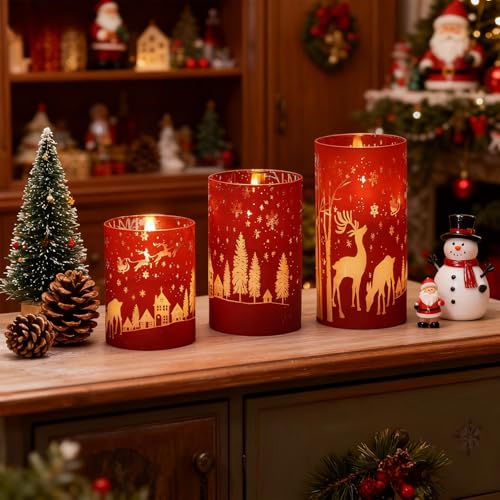 Image of Wondise Red Christmas Reindeer LED Flameless Candles with Remote Timer, Electroplate Glass Battery Operated Real Wax Flickering 3D Wick Pillar Candles for Christmas Holiday Home Decoration