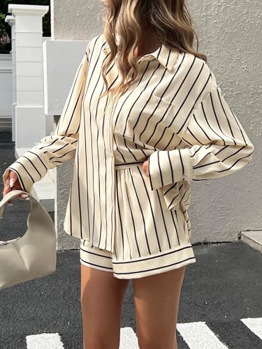 Tankaneo Womens 2 Piece Outfits Striped Long Sleeve Button Down Collared Shirt Matching Shorts Sets3