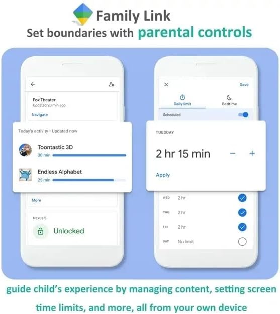 Screenshot of Google Family Link app on a smartphone, showing options to set daily screen time limits and bedtimes for a child's device.