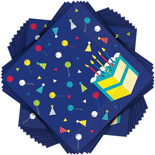 Unique Peppy Birthday Blue Luncheon Napkins - 6.5" x 6.5" (Pack of 16) - Disposable Paper Napkins for Birthday Celebration