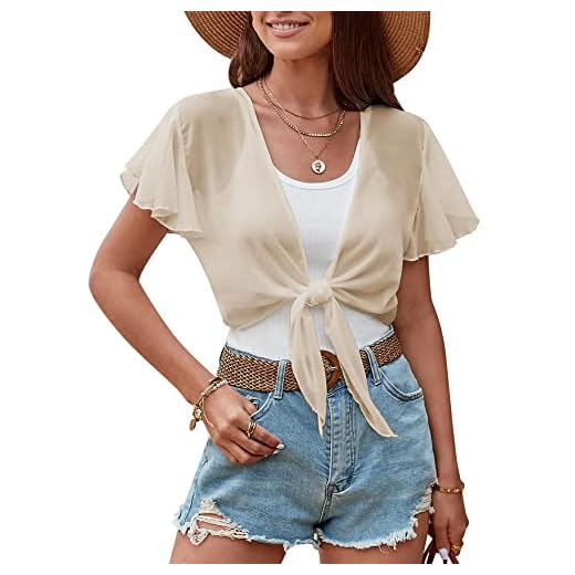 ZAFUL Women's Chiffon Cropped Bolero Sheer Shrugs for Dress Short Sleeve Tie Front Cardigan Apricot L