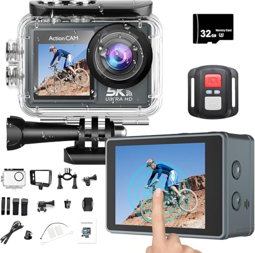 Image of LaView 5K WiFi Touch Screen Action Camera with Front LCD EIS 100FT Waterproof,Underwater 170Ultra Wide Angle 5X Zoom Sports Camera with 2.4G 15M Remote Control 32GB Memory Card (LV-03)4k