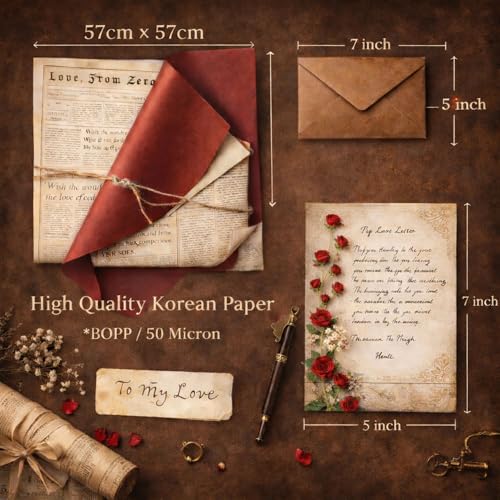 Image of Celebrations Vintage Gift Combo Set With Red & Brown Kraft Paper Envelopes,Vintage Gift Wrapping Sheets & Letters, Perfect for Valentine's Day, Proposals, Wedding Invitations & Festive Gifting