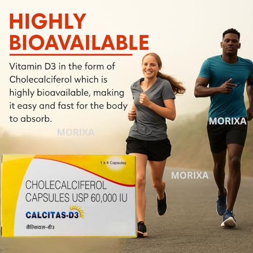 Image of MORIXA Calcitas D3 Capsule | Vitamin D3 60000 IU Cholecalciferol Supplement | Supports Bone, Teeth, Muscle & Immunity Health | 5 Strips x 4 Capsules (20 Capsules) | Supports Bone, Teeth, Muscle & Immunity Health, 20 Capsules, 5 Strips x 4 Capsules
