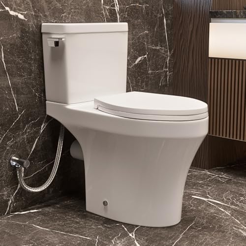 Rear Discharge Toilet with Powerful Rimless Flush 18 Comfort Height Elongated Bowl 1.28 GPF Back Outlet Two Piece Toilet with Tank P-Trap Skirted Modern Design Two Extension Pipes Included