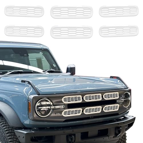 Image of Front Grill Inserts Cover Trims Mesh Grille Frame Kit Compatible with 2021 2022 2023 2024 2025 New Ford Bronco 2 /4 Door Exterior Decoration Accessories Protection Decor Decal, 6Pcs White