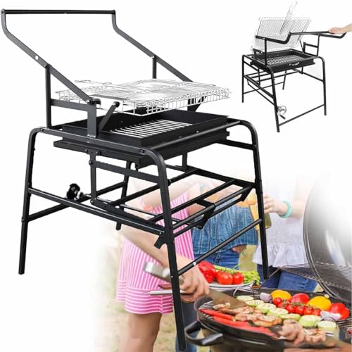 Parrilla de carbón giratoria de 360 °, barbacoa de parrilla de ahumador giratoria para acampar, parrillas de asador de acero inoxidable de cuenca de carbón elevable para acampar jardín comercial