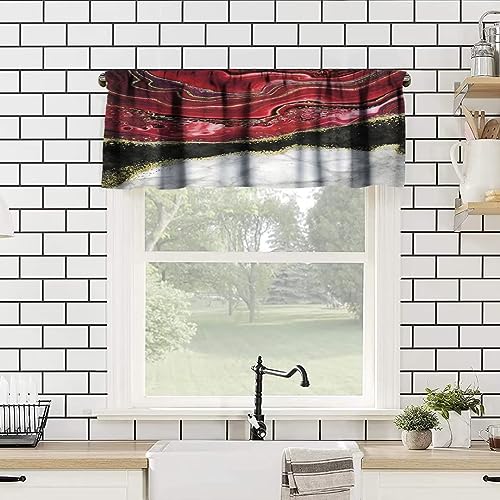 Image of Black White Burgundy Marble Window Valance Curtain, Abstract Modern Ink Texture Maroon Gold Veins Unique Ombre Window Valances Treatments for Kitchen Living Room Cafe Decor 54'x18', 1 Panel