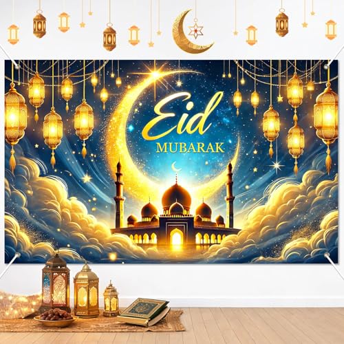BlissYard Eid Mubarak Banner 71x43 Inch Polyester Decoration with Golden Crescent Moon Lanterns Stars Mosque and Eid Festival Backdrop for Ramadan Celebration Banner