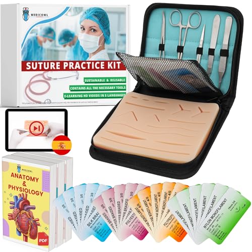 Kit de sutura quirúrgica para practicar | video de aprendizaje en español | 33 piezas en un estuche compartimentado | piel artificial | Regalo ideal para estudiantes de medicina y veterinarios (Azul)