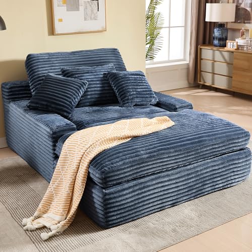 ILCQU 75.2' Oversized Chaise Lounge, Corduroy Upholstered Chaise Lounge Chair, Comfy Compressed Deep Seat Foam Sofa, Single Sleeper Reading Chair for Living Room, No Assembly Required, Blue