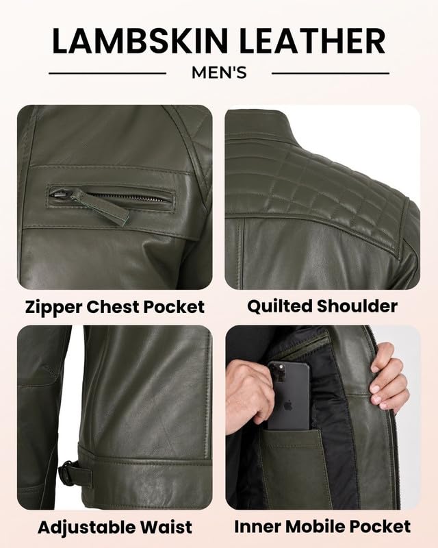 Image of Blingsoul Men's Leather Motorcycle Style Jacket - Quilted Cafe Racer Biker Style Jacket for Men