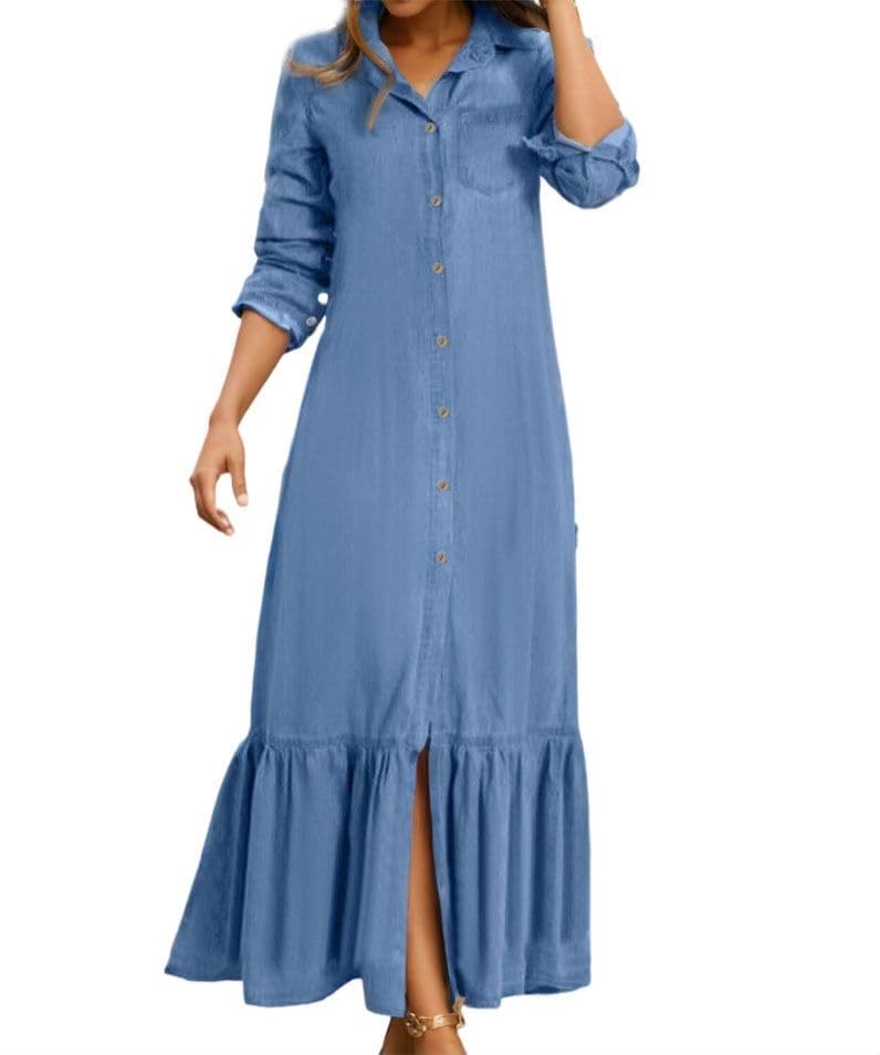 Button Down Denim Shirt Dress for Women Vintage Casual Lapel Collared Solid Jean Dresses with Pockets