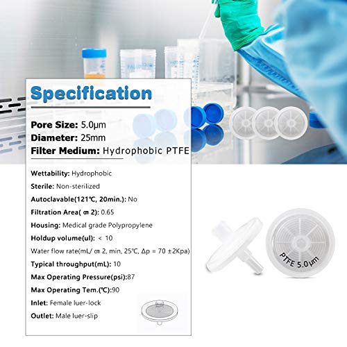 Image of PTFE Syringe Filters [Wettability: Hydrophobic] 25mm Diameter 5.0 μm Pore Size Laboratory Filtration by Allpure Biotechnology (Pack of 100) (Hydrophobic PTFE, 5.0 μm)