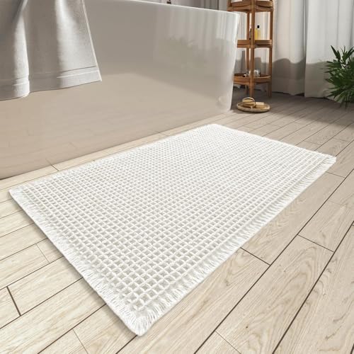 Image of HomeCloud Waffle Bath Mat, Super Absorbent Non Slip Mats for Bathroom Floor, Machine Washable Bathroom Rugs with Tassels,Ultra Soft