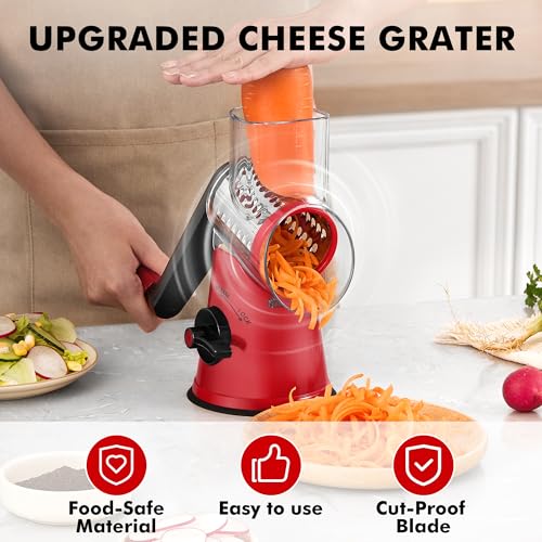 Image of GDL Cheese Grater Hand Crank - Upgraded 6-in-1 Cheese Grater with Handle and Strong Suction Base, Multi-purpose Cheese Shredder Vegetable Slicer Ice Shaver for Potato, Vegetables, Nuts, Chocolate