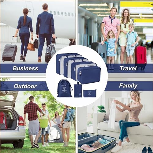 Image of 7pcs Set Travel Organizer Packing Cubes Lightweight Travel Luggage Organizers with Laundry Bag or Toiletry Bag Laundry Organiser. (Dark Blue)
