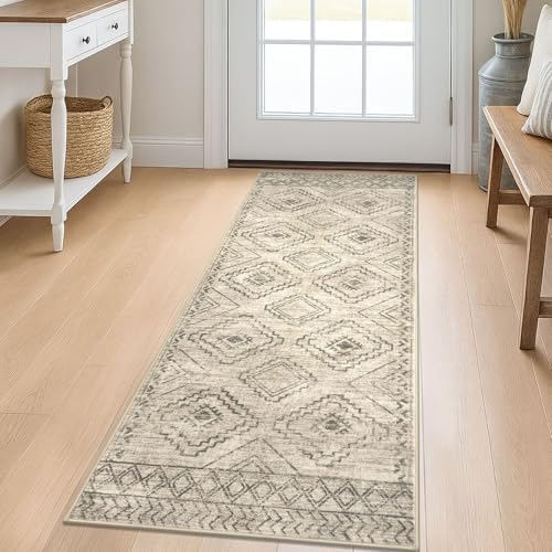 KILOCOCO Boho Kitchen Runner Rug 2x5 Washable Runner Rug Soft Runners for Hallways Non Slip Printed Distressed Laundry Room Rugs, Low-Pile Runners for Entryway Bedroom Living Room, Beige/Gray/Green