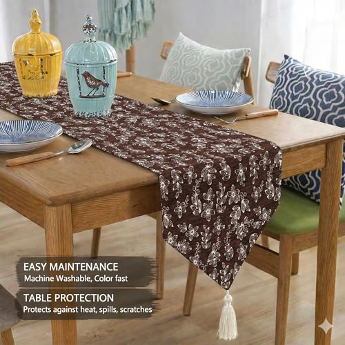 Image of STITCHNEST Woven Table Runner 13x60 Inches | Brown Floral Design | Tassel Finish | Modern Dining Table Decor