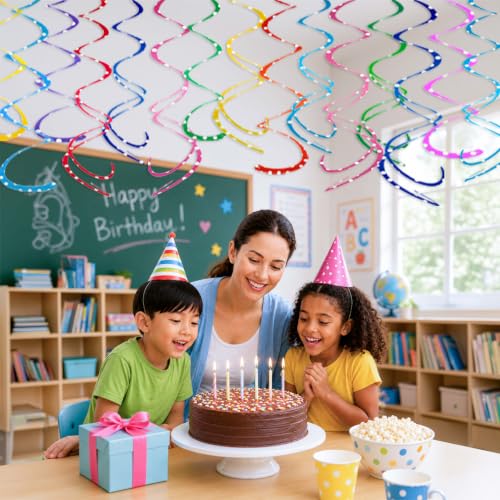 Image of HonuGoGo 48-Piece Paper Swirl Decorations for Ceiling, Bright Polka Dot Multi-Color Single & Double Spiral Hanging Decor with Playful Style for Birthday Parties, Carnival & Classroom Celebrations