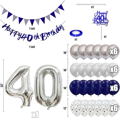 Image of 40th Birthday Decorations for Women Men, Blue Silver 40th Birthday Balloons, Blue Happy 40th Banner Cake Topper Number 40 Foil Balloon for 40 Year Old Party Decor