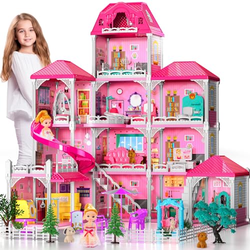 Dream Doll House Girls Toys- 4-Story 12 Rooms Playhouse 4-5 Year Old w/ 2 Dolls, Dollhouse Furniture Accessories, Pretend Cottage Toy House, Toddler for Kids Ages 3 4 5 6 7