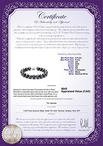 Image of Black 8.5-9mm AA Quality Freshwater 925 Sterling Silver Cultured Pearl Bracelet For Women