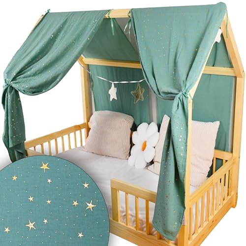 YellowNest Toile de Lit Cabane (2 Pièces) - Ciels de Lit Cabane 70x140 cm - 100% Coton Mousseline - sans Guirlande (Eucalyptus, 62 x 270 cm (Set de 2))