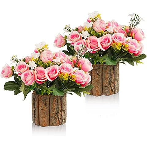 Lilithye Artificial Flowers Fake Silk Rose Flower in Planters Flower Vase Small Rustic Potted Flower Arrangements Artificial for Home Outdoors Tabletop Decor Set of 2 (Pink) Cover