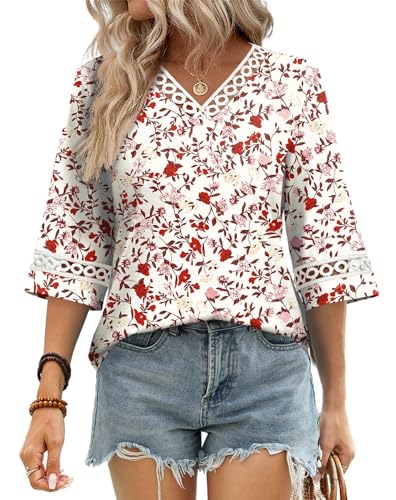 Image of WIHOLL Womens Tops Eyelet Lace V Neck 3 /4 Bell Sleeve Blouses Dressy Casual Work Shirt 2026 Summer Fall Fashion Clothing