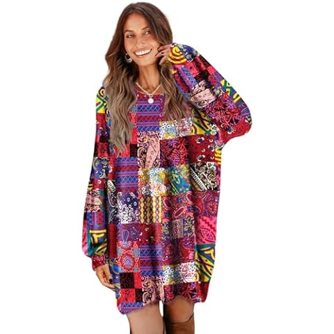 YESNO Women Graphic Long Lantern Sleeve Sweater Dresses Fall Oversized Knit Pullover Sweaters XL SDL P002R Cover