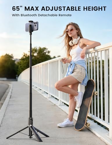 Lamicall 65\" Phone Tripod & Selfie Stick - [Tap-to-Open] iPhone Tripod with Remote & Cold Shoe, Aluminum Phone Stand for Recording Compatible with iPhone for Video Record Live Vlog Mothers Day Black - Thumbnail 3