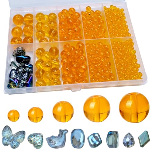 FAPUMOE 476pcs Orange Round Crystal Glass Beads (4/6/8/10/12mm) with 8pcs Charming Pendants for Jewelry Making, Smooth Round Glass Spacer Loose Beads for Crafts Bracelets Necklaces Charms