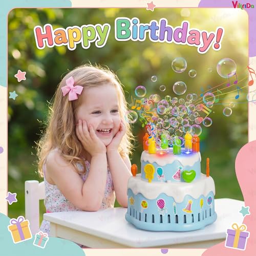 Image of VikriDA Birthday Cake Bubble Machine, Automatic Bubble Blower for Kids 10000+ Bubbles Per Minute with Lights /Music /Solution, Party Cake Bubble Maker Toys for Birthday Outdoor Wedding Multicolor